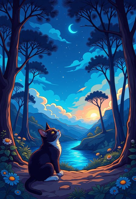 ukiyoe artwork of a fantasy forest a cat is looking up to an epic night sky