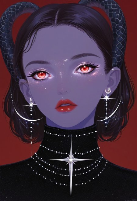 aaar7gl, 1girl, solo, horns, huge red eyes, slit pupil, (sparkle), jewelry, (red background), earrings, short hair, simple background, painting, drawing, parted lips, gleam, fashion magazine,  intriguing pose,  flying, blinking stars, snakes