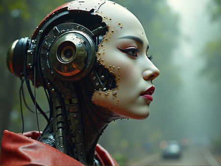 woman Geisha is an android, the plastic cyborg mask is open, the mechanical parts of the robot are visible inside, the android is very sinister and dangerous, from the epic movie "Ghost in Armor",
