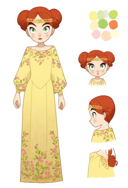 SecretKells, anime oil painting, full  body portrait of a beautiful young woman with red hai,reference sheet,white background,simple background,multiple views, upper body, front, from side, color palette reference, wearing Padme Amidala Yellow Naboo Picnic Dress with Celtic design. Animated, stylized, detailed portrait, mystical atmosphere. delicate off-the-shoulder dress in a pale yellow fabric adorned with intricate floral embroidery in shades of pink and green. The dress has a fitted bodice and a flowing skirt, her hair in two side buns, Her head is adorned with a golden headpiece resembling a crown intricately woven with gold and adorned with small pink flowers, high_detailed, captured in high detail, CharacterDesignFLUX