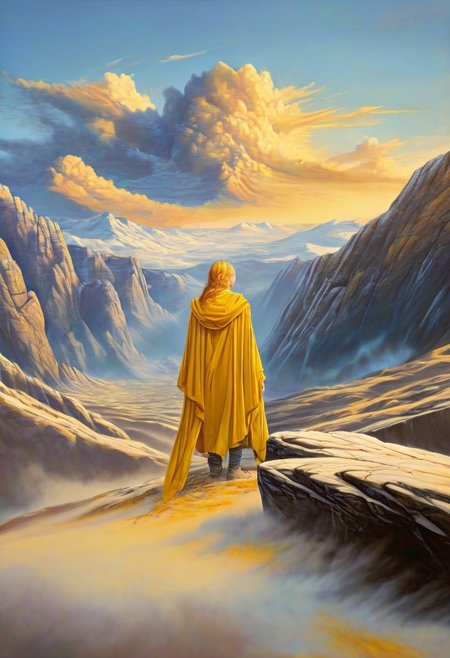 1woman, blonde hair, she's the grim reaper, facing away, rocky hill, standing, black robe blowing in the wind, clouds, sky, sunset, stars, cosmic, in meditation, ultra detailed landscape, bright yellow energy surrounding surrounding her, volumetric lighting, ultra detailed clothes, ultra detailed body, ultra detailed hair, looking at an ancient city made of blue crystals is in the distance, serenity, glowing,
by Natalia Rak and Barclay Shaw in the style of Jessica Rossier,  <lora:EnvyAnimeWatercolorXL02:0.60> ,   Elmore_Style_LX <lora:Elmore_Style_LX-000011:0.60>