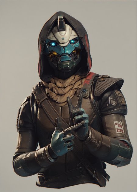 cayde, armor, colored skin, horn, glowing eyes, blue eyes, scarf, hood, full body, finger pistols, wink, robot body, robot joints,  <lora:Cayde-6_PonyXL:0.8>, BREAK score_9, score_8_up, score_7_up, score_6_up, score_5_up,