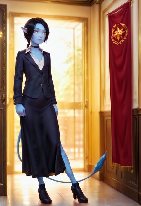 masterpiece, best quality, absurdres, detailed skin, detailed face, detailed eyes, realistic, 3D, PRSNL_3_1,
<lora:Tuktirey_Sully_James_Camerons_Avatar_Illustrious:1> Tuktirey Sully, 1girl, na'vi, solo, small height body, young, striped blue skin, tailbone tail, 5 fingers, colored skin, blue skin, yellow eyes, solo, pointy ears, flat chest, colorful, very aesthetic, skinny face, skinny body, serious expression, black blazer, white shirt under a blazer, high collar shirt, closed blazer, blazer with deep neckline, black knee length skirt, long skirt, transparent dark tights on legs, black high heel shoes, a neat red bandage on the shoulder, choker, 
official hall in the background, on the walls there are red banners with the image of a five-pointed red stars, warm colors indoors,