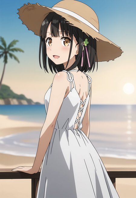 anime screencap,
<lora:OneRoom_HanasakaYuiXL:0.8>, HanasakaYui,
1girl, solo, open mouth, light smile,
medium hair, black hair, blunt bangs, brown eyes, clover hair ornament, hair ribbon,
YuiDress, sundress, sleeveless dress, white dress,
sun hat, straw hat,
from side, from behind, looking back, cowboy shot, standing,looking at viewer,
beach, horizon, water, palm tree, blurry background