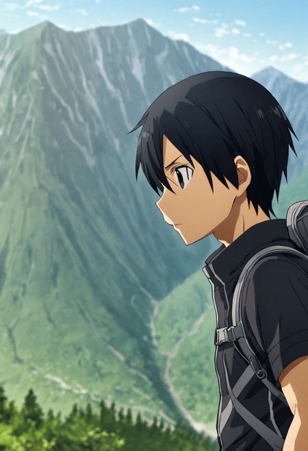 high resolution, solo, best quality, 1Boy, Kazuto Kirigaya, Black Hair, Black Eyes, landscape, looking away, high mountain, hiking gear, shallow depth of field, OverallDetail
