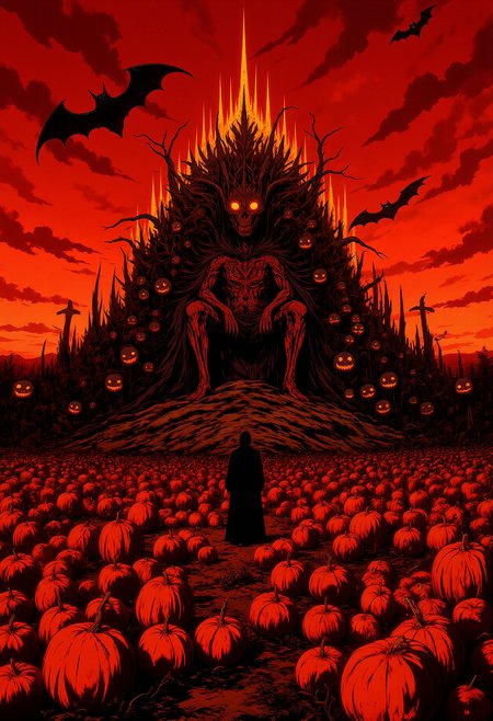 A massive, intricately carved pumpkin palace standing in the middle of a vast pumpkin patch. The palace is made entirely of glowing jack-o'-lanterns, each carved with unique, spooky faces. At the center of the palace is a giant throne carved out of a single enormous pumpkin, with tendrils curling around it. The sky is a deep, fiery orange, and bats are flying around the palace. The atmosphere is festive yet eerie, with flickering candlelight illuminating the jack-o'-lanterns, casting long shadows across the pumpkin field.  <lora:anime_martzv2:0.53> anime_martz,  <lora:FLUX-daubrez-DB4RZ:0.33> DB4RZ, DB4RZ style painting,  <lora:NeonFantasyFLUX:0.73> ne0nfant4sy,