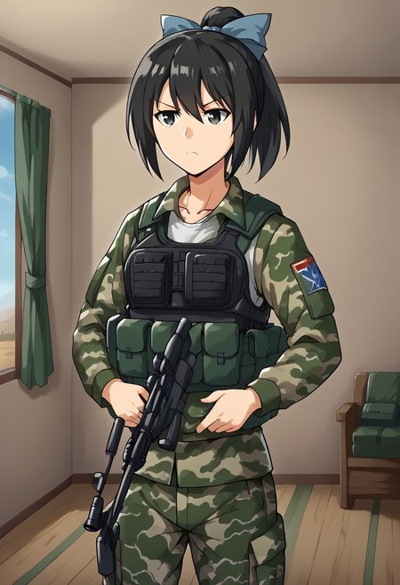 1girl, solo, toudouharukakisei, black hair, ponytail, black eyes, hair bow, blue bow, military combat uniform, camouflage jacket, camouflage, load bearing best, camouflage pants, soldier, bulletproof vest,  assault rifle, rifle, serious, indoors, secret lab, cowboy shot,