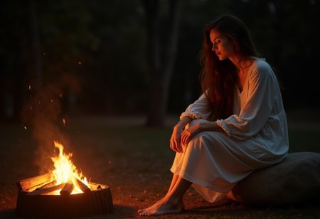 A beautiful turkish brunette woman sitting on a large rock, leaning forward, hair hanging down, sitting by a camp fire, brushing her long brown hair, wearing linen night clothes, hair hanging down, glowing campfire, eyes closed, medium figure, medium breasts, bare legs, bare feet, pretty feet, night time, historical, chiaroscuro, realism. detailed