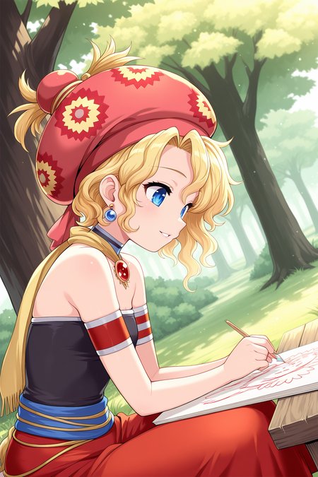 1girl, RelmArrownyFinalFantasy, 
general, solo, dutch angle, from side,
short hair, blonde hair, wavy hair, blue eyes,
hat, earrings,
choker, jewelry, scarf, 
armband, 
strapless,
sitting, looking at object, smile, parted lips, drawing, 
fantasy, outdoors, spring, tree, 
<lora:kp_RelmArrownyFinalFantasyIllustrious_v1_0:1.0>,
masterpiece, best quality, amazing quality