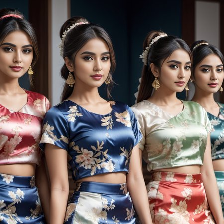 (full body shot) cute group of indian women wearing a Japanese-inspired prints (e.g., Shibori)  satin_teeshirt, Ponytail  hair style, hyperdetailed photography,4k textures,intricate details,4k resolution  classroom scene, ((dark cinematic still))   <lora:satin_teeshirt_v1:0.7>