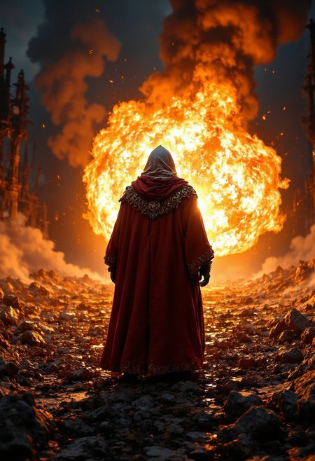 A formidable mage, garbed in flowing, ember-glowing robes, stands at the center of a desolate, scorched battlefield. The mage channels a blazing fireball, its searing flames illuminating the dark, smoke-filled air with intense, flickering light. The scene is charged with a fierce, elemental energy and a sense of impending destruction. Rendered in a Photographic style with a 135mm lens, capturing the fiery explosion's vivid details and dramatic contrasts. aidmafluxproultra