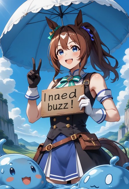 ,(need_buzz, holding sign, slime-morph) umamusume, tokai_teio_(umamusume),1girl, source_anime, holding umbrella, looking up, puzzle pieces falling from the sky 1girl,
black_gloves, blue_eyes, brown_hair, double_v, gloves,  horse_ears, horse_girl, horse_tail, long_hair, looking_at_viewer, mismatched_gloves, open_mouth, ponytail, , smile, tail, v, white_gloves,,