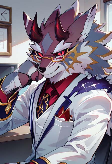 score_9, score_8_up, score_7_up, high quality, hires, solo, bael, housamo, tokyo afterschool summoners, furry, red sclera, glasses, formal clothes, close up, looking at viewer, office, <lora:Bael_TAS_Housamo:1>, <lora:add-detail-xl:2>