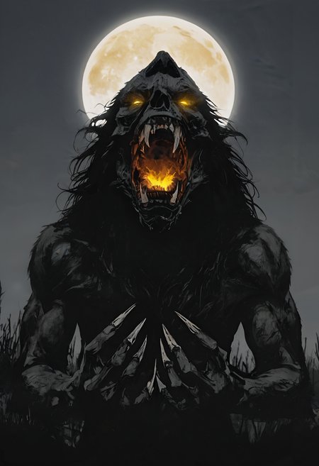 score_9, score_8_up, score_7_up, source_photo, Starry desert camp atmosphere, werewolf, dark fantasy, full moon, glowing yellow eyes, snarling, sharp claws, matted fur, muscular humanoid, blood-stained fangs, eerie forest, foggy atmosphere, moonlight shadows, horror, monstrous transformation, detailed background, grim, cinematic lighting, ultra-detailed, 8k resolution, Mirror reflection view, rating_safe, <lora:pony\nocturnal_indecent:1.0000000000000002>