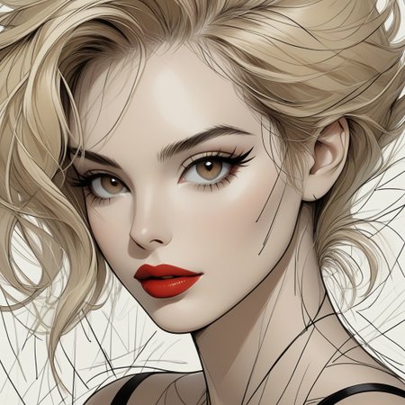 explicit, detailed explicit details
masterpiece,best quality,amazing quality, mature, clean lines, subtle lighting, bold outlines, cel shading, very aesthetic, absurdres, newest, Patrick Nagel inspired,
1girl, medium shot, closeup, portrait, black and white drawing, blonde hair flat colors, solo, brown eyes, red lips, feminine, (ScribbleRay:1.5),
