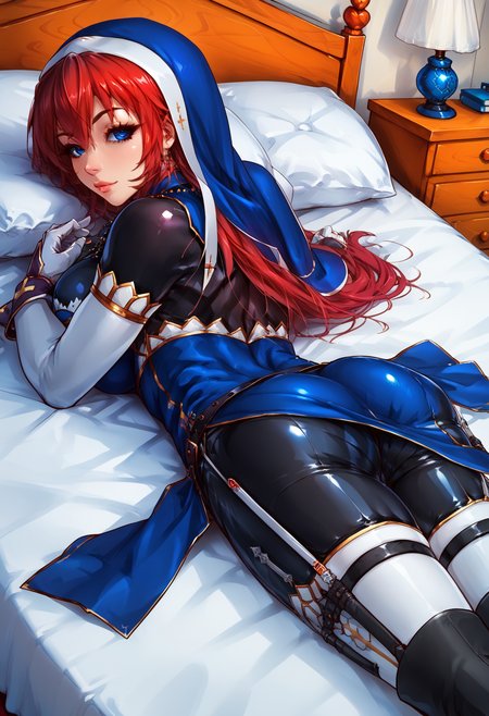 score_9, score_8_up, score_7_up, score_6_up, score_5_up, score_4_up, source_anime,  BREAK
, 1girl,battleNun, cross necklace, habit, red hair, blue eyes, large breasts, laying on her stomach,  on her breasts, on a bed,,  <lora:battleNunPony:1>,   ass