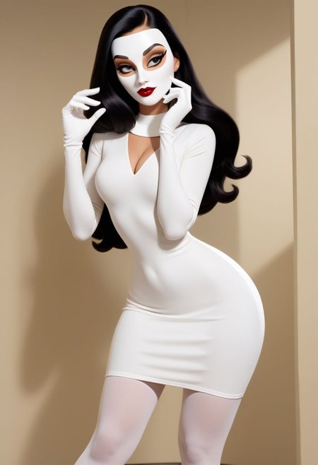 (masterpiece), high quality, 4k, Artist style: Bruce Timm, DCAU, DC comics, Western Comics,
BREAK, 1woman, Calendar Girl, Page Monroe, long hair, black hair,  skintight clothing, long-sleeved dress, tights, petite, white mask, (mask:1.6), (monochromatic outfit), gloves,
