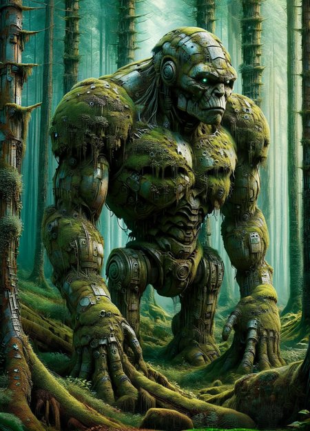 A colossal ais-trnshd golem covered in moss, slumbering within a forgotten forest <lora:ais-trnshd-sdxl:1>