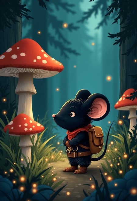 children's story book art style of a black mouseguard mouse with a small adventuring backpack in the middle of a beautiful Forrest that had red capped mushrooms, small fire flies are dotted across the scene providing light in the darkness