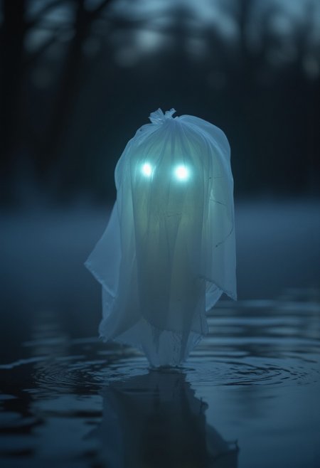 Imagine a serene, dark night with a thin veil of mist Standing in an urban street corner. The water of a near pond reflects the deep, starless sky, its surface only disturbed by a faint breeze. In this quiet, moody setting, a lone translucent white plastic bag is caught by the wind, gliding effortlessly over the water. The bag appears ethereal, almost ghost-like, its shape mimicking a tiny specter. Two glowing, faintly luminous eyes seem to form in the folds of the plastic, their light softly reflected in the dark surface of the lake. The surrounding air feels heavy with mystery, as the eerie apparition floats silently across the water, embraced by the cold, damp fog.
