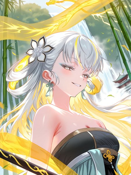 <lora:nai_ILL:0.8>,
ulrich style, <lora:ulrich_style_locon_illustriousXL_ver:0.8>,
<lora:Glowing_Spot_Color_-_Illustrious:0.6>, glowing eyes, streaked hair, glowing inner hair, glowing streaks,
1girl, jinhsi \(wuthering_waves\), 
white hair,blonde_eyes, large_breasts, (upper_body,close-up:1.4),Dynamic pose,串,((aqua and yellow:0.85) but Limited palette:1.2),//,Chinese architecture,Ink,hair flowers,bamboo forest,bamboo,//(long hair),small breasts,smile,((dragon)),Yellow lightning,(makeup,white eyeliner),white eyeshadow,white eyes,(long eyelashes),half-closed eyes,Dragon skirt,blush,holding sword,chinese sword,(dynamic angle:1.2),(hanfu:1.4),chinese clothes,transparent clothes,tassel,chinese knot,bare shoulders,kanzashi,draped silk,gold trim,wind,bokeh,scattered leaves,flying splashes,waterfall,splashed water,looking at viewer,