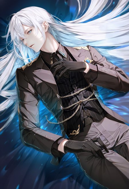 long hair, gloves, solo, 1boy, male focus, shirt, collared shirt, necktie, black gloves, black necktie, pants, vest, looking at viewer, white hair, black vest, formal, blue eyes, black shirt, black pants, long sleeves, parted lips, on back, jacket, black jacket, lying, suit, bangs <lora:cuso4XL_NBVP1_lokr_V6311PZ:0.95>