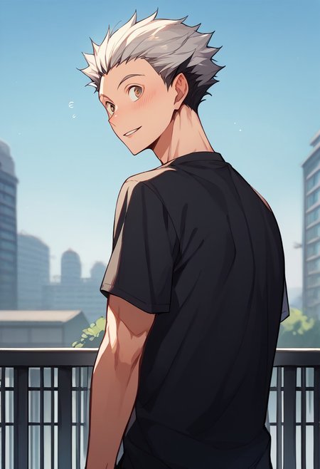 score_9, score_8_up, score_7_up, source_anime, rating_safe, Bokaikyu, 1boy, male focus, black shirt, wide eyed, parted lips, blush, slight smile, shy, from behind, from side, looking back, blurry outdoor sky, rooftops, railing,