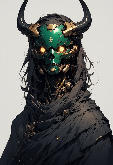 score_9,score_8_up,score_7_up, g0ldl34f, solo, 1head, forest green helmet, no humans, glowing mechanical eyes, intricate ram horns, robot, mecha, beaten brown cloak, science fiction, cyborg, mechanical parts, humanoid robot, science fiction, sinozick style, flat color, dark theme, Expressiveh, l0g0, simple background