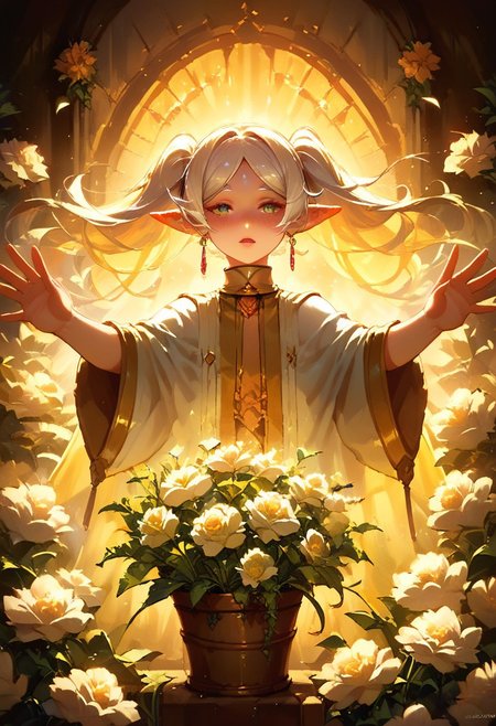 score_9, score_8_up, score_7_up, 
(rainbow, outstretched arms, arms up), 
frieren, 
green eyes, detailed eyes, perfect eyes,
white hair, long hair, twin tails, 
thick eyebrows, silver eyebrows, silver eyelashes, 
blushed,
pointy ears, earrings, 
shiny skin, clear skin, elf, 
daisies (flowers), 
masterpiece, romantic, fantasy, soft lighting, best quality, very aesthetic, absurdres