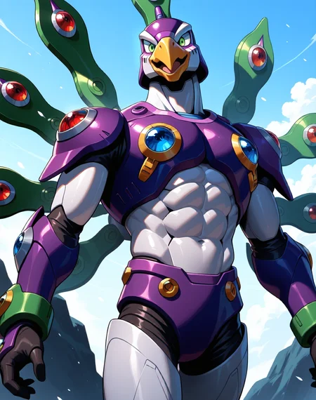 <lora:Cyber_Peacock_(Mega_Man_X)_(Illustrious)_(AD):1> Cyber Peacock, reploid, MMX, 
exterior, blue sky with clouds,
male focus, intense shadows, dynamic shadows, intricate details, attention to details, gradient coloring, bright vivid colors, robot, beak, 
((
sexy smile, effeminate, narcissist, mid shot, side view, sexy, gay, abs, 
)), 
BREAK very awe, masterpiece, best quality, amazing quality, very aesthetic, highres, absurdres, 
EZRealPONYXL, zPDXL, Smooth Quality, lazynsfw,