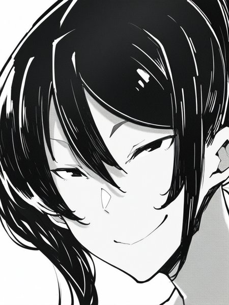 score_9, score_8_up, score_7_up,  
1girl, monochrome, musuzu mw, black hair, ponytail, black eyes, 
white background, face, close-up, looking at viewer, smile, closed mouth, narrowed eyes,
