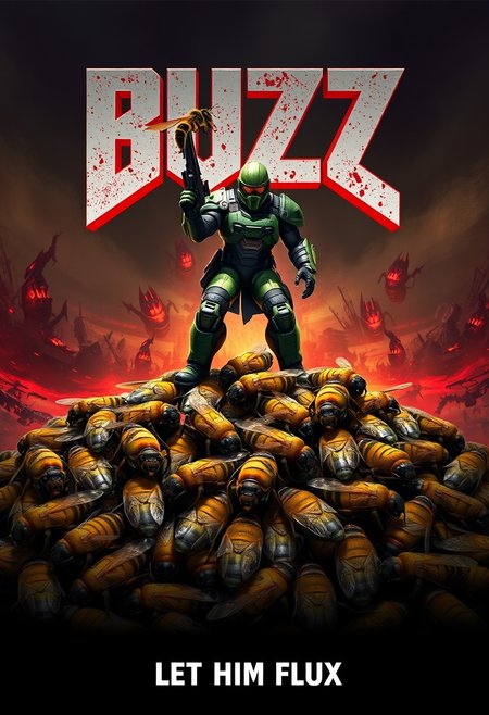 video game poster, pile of lying bees on each other, brutal guy in green helmet and greet mecha suit  standing and holding one bee brutally in hand, gun in other hand, standing on top of the pile, title of the game: "BUZZ" doom style title, hellscape background, smaller subtext below "LET HIM FLUX"