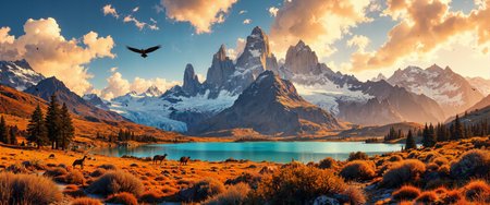 Panoramic view of the Chilean Patagonia with towering granite peaks of Torres del Paine rising majestically against a dramatic sky of swirling clouds and golden sunlight. Crystal-clear turquoise lakes reflect the jagged mountain silhouettes, surrounded by rolling grasslands and vibrant autumn-colored southern beech forests. Guanacos graze peacefully in the foreground while an Andean condor soars overhead. Wind-sculpted ice formations cling to the mountainsides, contrasting with the lush vegetation below. Ancient glaciers extend from the Southern Patagonian Ice Field, their blue-white surfaces fractured into geometric patterns. Photorealistic, 8K resolution, golden hour lighting creating long shadows across the vast wilderness. Epic sense of scale with tiny hikers visible on distant trails for perspective. <lora:RetroAnimeFluxV1:0.4> <lora:RM_Artistify_v1.0M:0.5> <lora:Synesthesia:0.4> <lora:Dark_Gothic_Comic_style_v.2:0.6> <lora:flux_dev:1>
