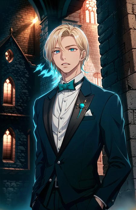 1boy, (man), manly body, anime, extremely detailed, hyper detailed, (broad shoulders), (PERFECT FACE), illustration, soft lighting, 2d, intricate, cowboy shot, detailed eyes, blonde hair, short hair, teal eyes, sexy, toned, black tuxedo, (outside), castle tower 
 <lora:ParkH:0.5>