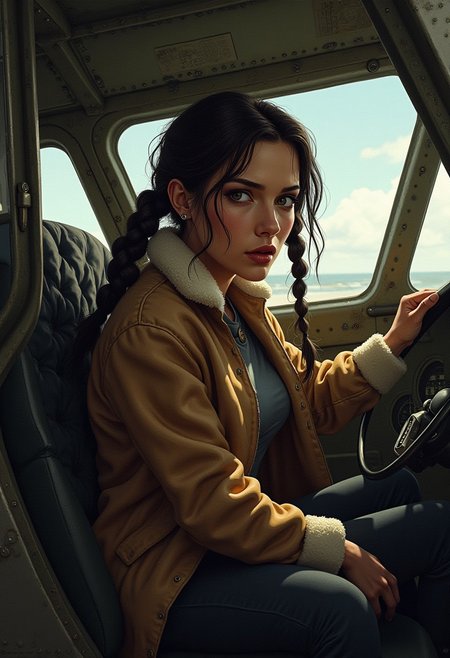 pulp illustration of Lara Croft, the Tomb Raider, wearing a fleece bomber jacket entering the cockpit of a 1930s cargo plane with a shocked expression as she sees two empty pilot seats. The shot is from the outside of the cockpit looking in and we see a little of the metal riveted fuselage.  High contrast, dynamic composition, gritty and realistic, with a cinematic feel.
