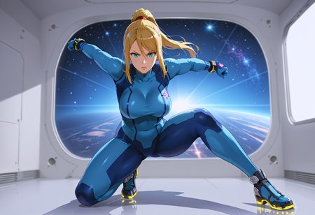 takeda hiromitsu style, source_anime, anime screencap, uncensored, dynamic angle, dynamic view, takeda hiromitsu style, dynamic pose, foreshortening, extreme perspective,
sole female, solo, 1girl, samus aran, blonde hair, swept bangs, long hair, ponytail, mole under left lip, turquoise eyes, zero suite, blue body suit, blue gloves, metal bracelets, sagging breasts, medium breasts, skintight, fully dressed, action pose, dynamic pose, determined, superhero landing, dynamic pose, holding gun, complex background, detailed background, inside giant spacecraft, outer space in window, multiple galaxies in the background, giant view of space, giant window with a view of space, view of planets, view of stars, depth of field, blurry background, volumetric lighting, back lighting, side lighting, 3 point lighting, reflective floor, glossy floor, reflective interior,
<lora:takeda_hiromitsu_style_xl_goofy:1.0>, <lora:DynamicPose_alpha1.0_rank4_noxattn_100steps:3.0>, <lora:Superhero_landing:0.5>
