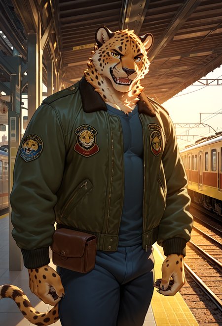 4k, score_9, score_8_up, score_7_up,  mature, male focus, male, (detailed face), (detailed eyes), sharp focus, masterpiece, best quality, amazing quality, good lighting, anthro,  male focus, furry male, sharp teeth, furry, bara, 5finger, Cheetah anthro, Cheetah dappled fur, braiding fur, vintage train station, crisp daylight, bomber jacket, determined, velvet pouch, l1ndong,