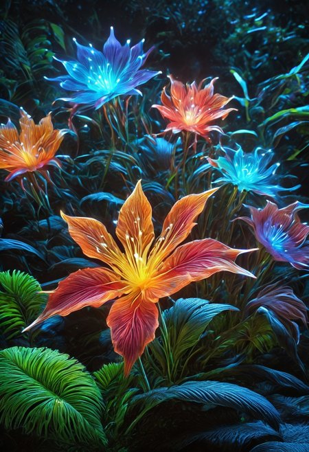 score_9, score_8_up, score_8, masterpiece, high detailed, very detailed,  HD, best quality, hyper detailed, ultra detailed, super realistic, close-up, macro 100mm, macro photography,
 incredibly beautiful Bioluminescent flowers in bright and saturated colors. Let it be a magical garden filled with exotic plants and bright buds. Add a soft light that creates an atmosphere of calm and harmony. Include a variety of shapes and textures of colors to emphasize their beauty and uniqueness. The background can be blurred to focus on the colors. 
dynamic angle, dynamic lighting,