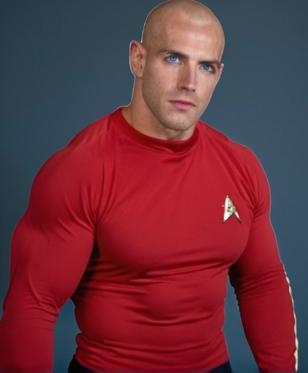 1boy, 20 year old male, Handsome, masculine, blonde, star trek, red shirt, muscle,  tall, tight shirt, wide pectorals, big shoulders, wide shoulders, muscular neck, German, bald, big pale blue eyes, abs, biceps,

stunf, star trek uniform,