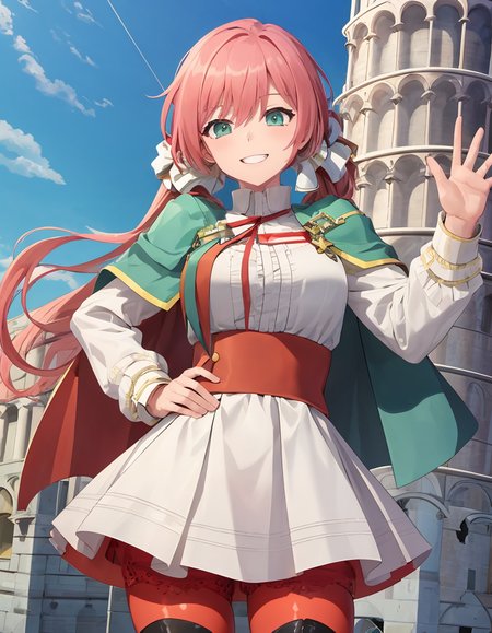 (extremely detailed CG unity 8k wallpaper),(masterpiece), (best quality), (ultra-detailed), (best illustration),(best shadow), (italy, leaning tower of pisa,:1.2) 
(carcanostrawberry:1.2), grin, smile, white dress, green capelet
<lora:CarcanoStrawberry:1>