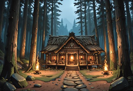 tribal wooden cabin in a secluded forest valley, surrounded by tall ancient trees, early morning mist, atmospheric light, enchanted mood, detailed rustic wood textures, tribal symbols and decorations on walls, shamanic ornaments, smoke rising from chimney, moss-covered stones around, sunlight softly piercing through tree branches, cinematic wide shot, warm earthy tones, mystical ambience, illustration style