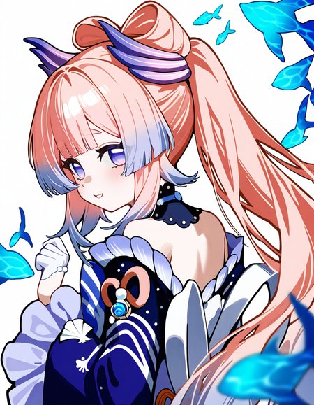 amoebayc,<lora:amoebayc-000020:1>,1girl,sangonomiya kokomi,bare shoulders,blunt bangs,blunt tresses,bow-shaped hair,colored eyelashes,detached collar,flower,frilled sleeves,frills,from behind,gloves,gradient hair,hair ornament,half gloves,hand up,hydrokinesis,long hair,long sleeves,looking at viewer,looking back,multicolored hair,off shoulder,parted lips,pink hair,ponytail,purple eyes,purple hair,solo,upper body,water,white flower,white gloves,dress,off-shoulder dress,gradient clothes,hairpin,purple theme,blue bow,bowtie,detached sleeves,sidelocks,fish,simple background,frilled collar,blue bowtie,bow,vision \(genshin impact\),blue gemstone,smile,gem,white background,collar,, masterpiece, best quality, very aesthetic, absurdres,newest, incredibly absurdres,