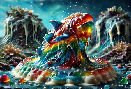 high quality, (Domination of the blue color:2), Jellystyle, stone bridge<lora:bad_prompt_version2-neg:1> <lora:By bad artist -neg:1>  <lora:Jelly_Style:1> (rainbow color grading:1.5). (Icing milk:2). (Sugar coating :1). berry made of jelly. River of milk. ais-chocsauce Mountains. Crystallized Sugar Rain. The floor is covered with honey. Multi-colored Jellystyle bears.
(Fish) Made of gum with glowing precious stones is shown into the jello realm. From the right of the frame, the Jellystyle bears, fishing, jumping fish.
CastleBreizh XL Mk8 on the left.
Asymetric composition, dynamic pose, field of depth, grass in the foreground. Close-up view from below.