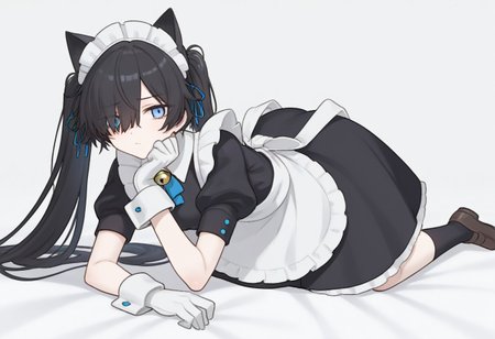 (Maid-kasli), solo, white gloves, dress, hair over one eye, maid apron, blue eyes, twintails, cat ears, maid headdress, maid, gloves, 1girl, apron, juliet sleeves, long sleeves, long hair, black hair, animal ears, bell,(Fall down),