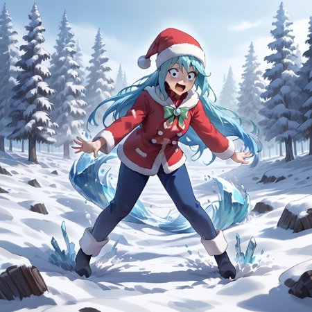 best quality, highres, high resolution, score_9, score_8_up, score_7_up, score_6_up, score_5_up, score_4_up, 1 female, aqua is wearing Santa outfit, her outfit is made of snow crystals,  (Aqua_(Konosuba):1), fr0stwrld, snow, ice, <lora:Fr0stWrld-v10:1.2> , <lora:Aqua Pony:1> ,full body, front yard of a house in snow forest, snow background, standing , anime pose, despair face