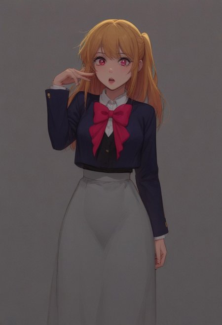 score_9, score_8_up, score_7_up, score_6_up, score_5_up, score_4_up, source_anime, 1girl, thin body, medium breasts, <lora:brj-ruby-pony-v0.5:0.8>, hoshino ruby, blonde hair, long hair, one side up, red eyes, mismatched pupils, star-shaped pupils, school uniform, red bow, grey skirt, long skirt, legs, hips, shocked