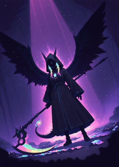 scythe, Dragon girl, 1girl, dynamic angle, black wings, crystal dragon girl, black robe, dragon tail, holding sickle, energy kama \(weapon\), dark theme, onyx crystals, Depth of field, 4k wallpaper, deep shadows, grim reaper, [(Chiaroscuro background:1.2)::0.2], (dark aura background:1.2),
 pastel pixel art, soft neon glow, dreamy aesthetic, iridescent highlights, vaporwave fantasy, ethereal colors, retro pixel style, gentle pixel shading, luminous reflections
,<lora:Pastel_Pixel_Art_r1:1>,
vibrant, light particles, light rays, dust particles, directional light, detailed background, ambient occlusion, (scenery:1.2, volumetric lighting) distant bright light source ,masterpiece,best quality,amazing quality,