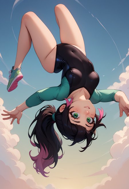 score_9, score_8_up, score_7_up BREAK 1girl, black hair, pink dyed hair, bangs, ponytail, green eyes, freckles, leotard, <lora:Backflip_XLPD:1> upside-down, backflip