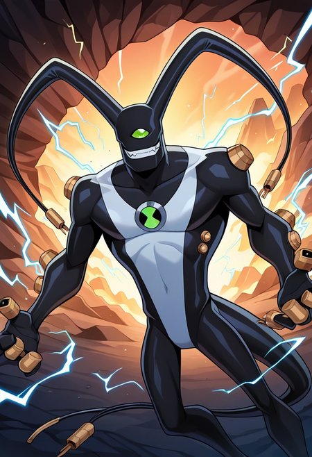 masterpiece, best quality, amazing quality, very aesthetic, absurdres, newest
feedback, solo, smile, , tail, 1boy, no humans, green eye, single eye, , digimon (creature), black skin, , alien, , , cables, , 
dynamic pose, electricity, electrocution, upper body,