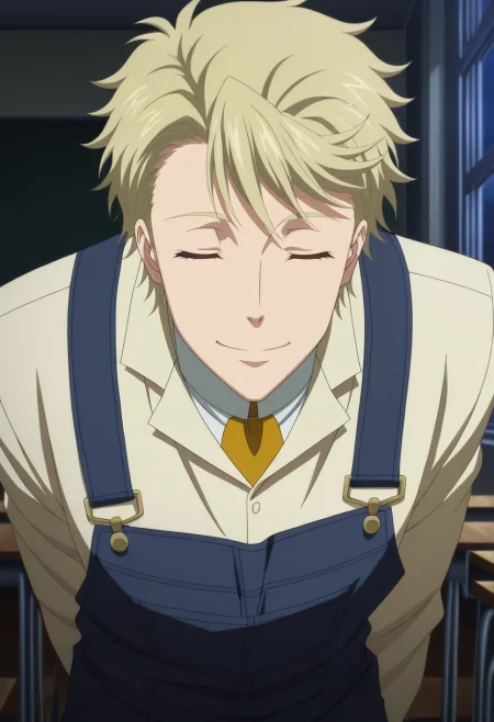 masterpiece, best quality, , anime screencap, anime coloring, official style,, 1boy, solo, male focus, <lora:john_h_watson_ilxl:0.94>, john_h_watson, blonde hair, brown eyes, short hair, , upper body, classroom, dark, leaning forward, (closed eyes:1.2), smile, overalls,